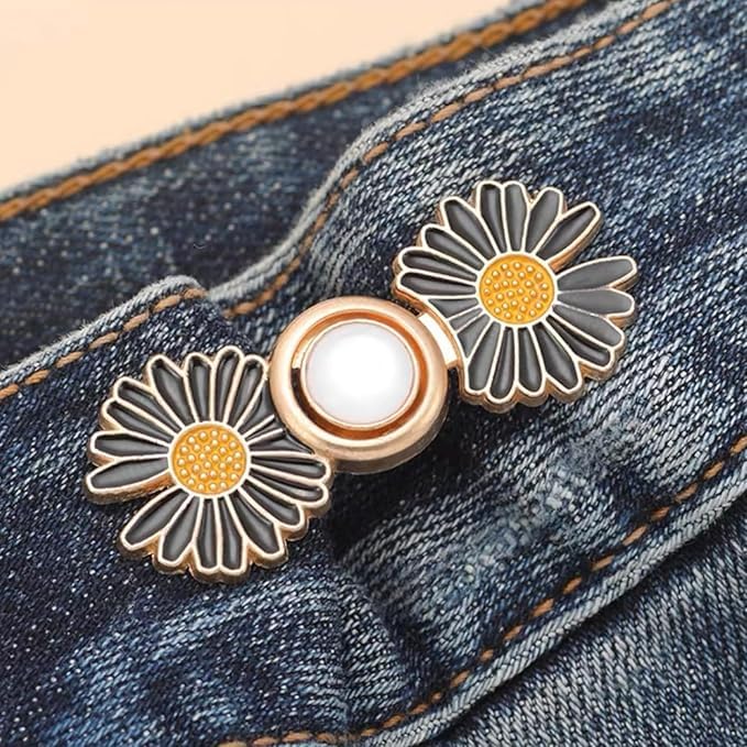 Image of YEKDA Denim Button Kit - 2 PCS Assorted Jeans Buttons for Quick Fix & DIY Adjustment - No-Sew Snap-On Metal Buttons for Pants, Skirts, Shorts - Easy Waist Size Control(2PC Black Flower)