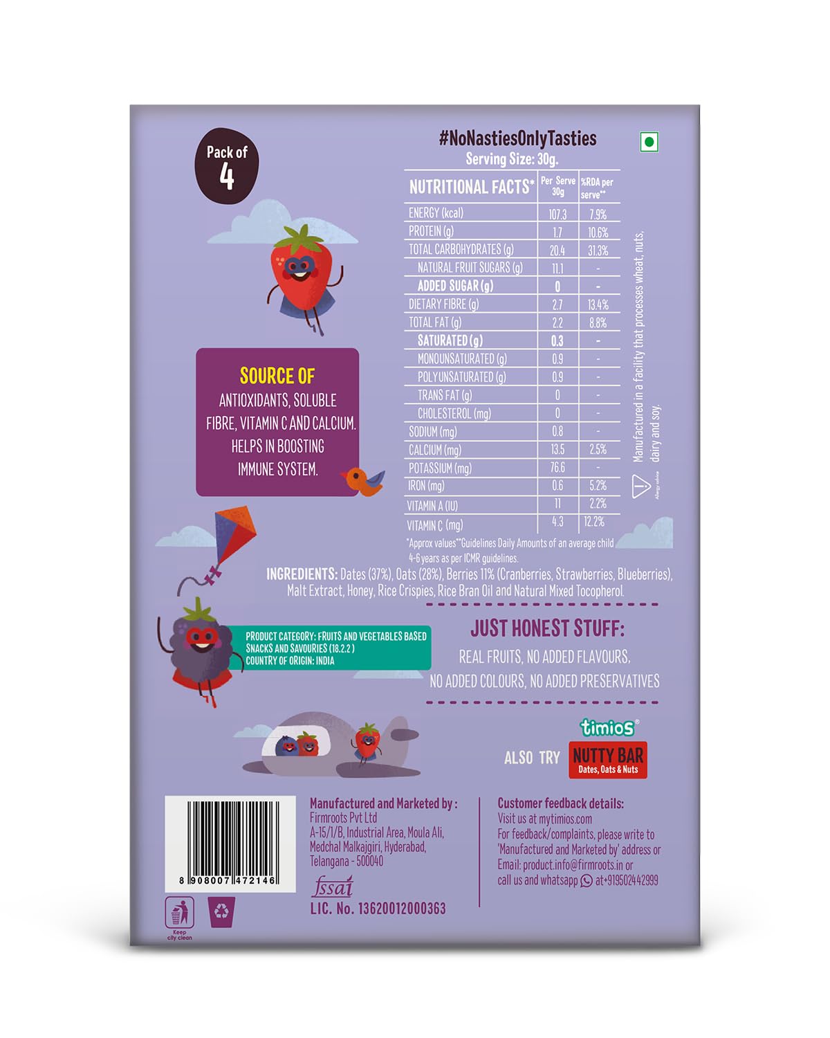 Timios Berry Bar Healthy Snack Natural Energy Food Product Ready to Eat for Toddlers - 4+ Years (Pack of 8) — Amazon image 2