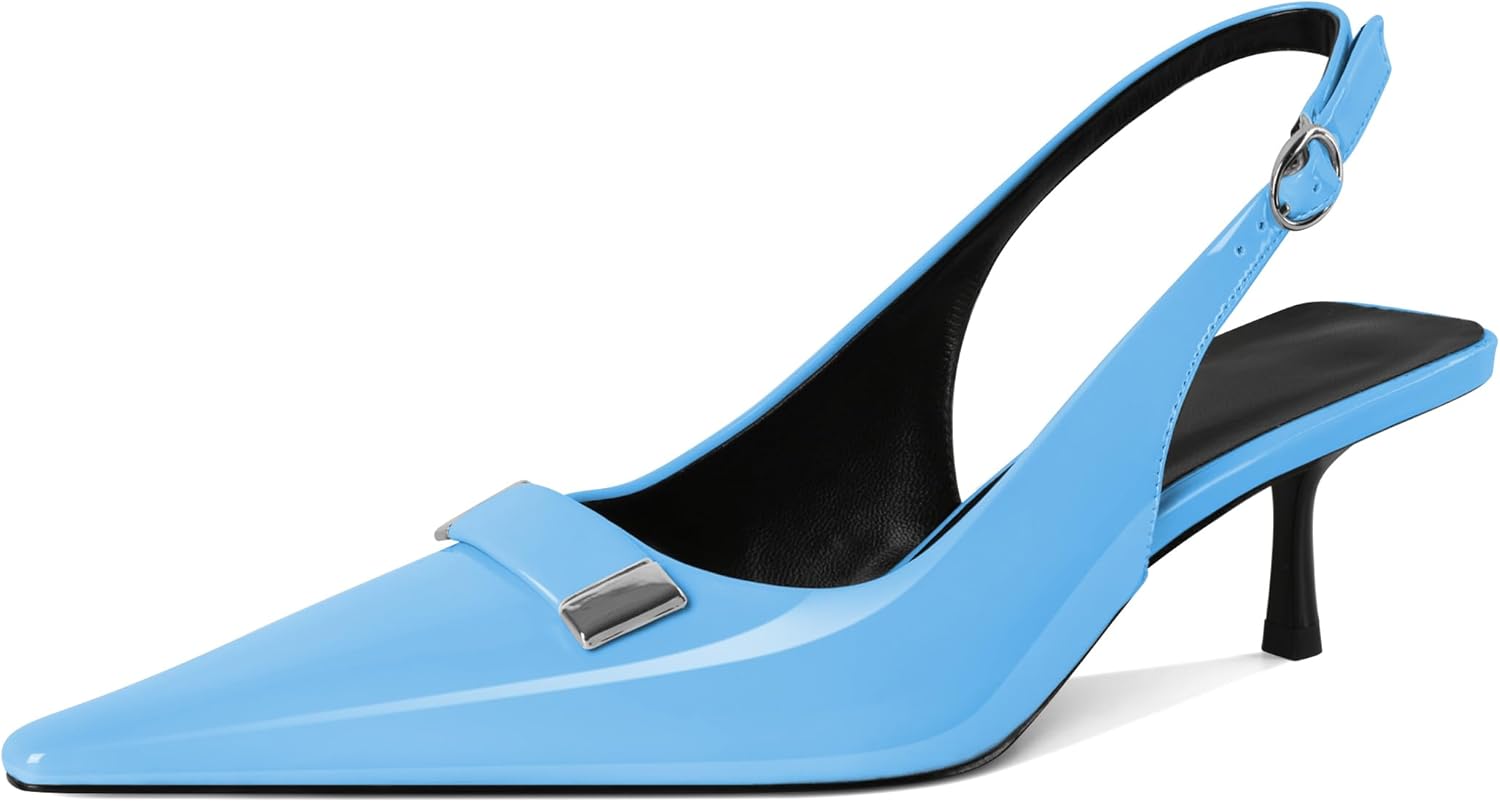 Women's Pointed Toe Slingback Heels Metal Buckle Ankle Strap Kitten Low Heel Pumps 2 Inch Stylish Retro Women Shoes