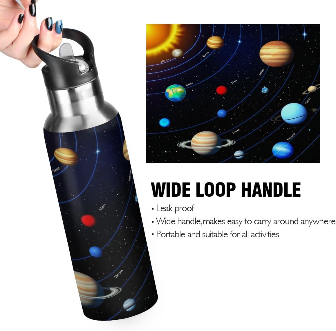 AUUXVA Space Solar System Planet Water Bottle Vacuum Insulated Stainless Steel Mug Kids Water Bottle with Straw and Handle Keep Hot Cold Sport Bike Fit Travel Outdoor 20 oz - Image 3