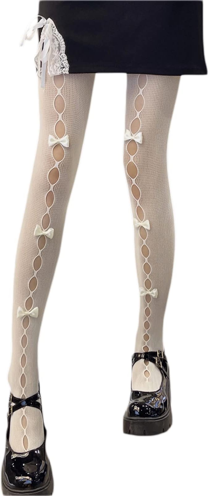 Women Lolita Tights with Bows Cute Mesh Hallow Harajuku Stockings 80S 90S Female Girls Gothic Lace Stockings Leggings