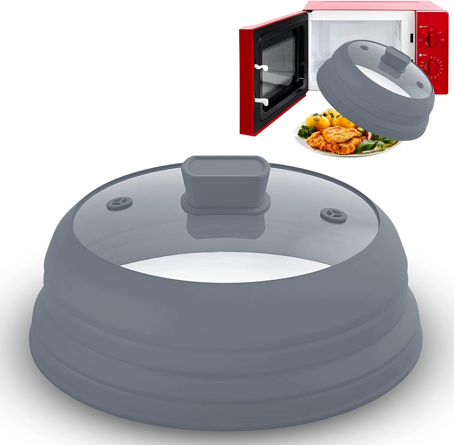 Microwave Splatter Cover Glass 10 Inch - Collapsible Microwave Splatter Cover for Plate & Bowl - Tempered Glass Top, Food-Grade Silicone Dome with Heating Vents & Heat-Safe Handle GREY
