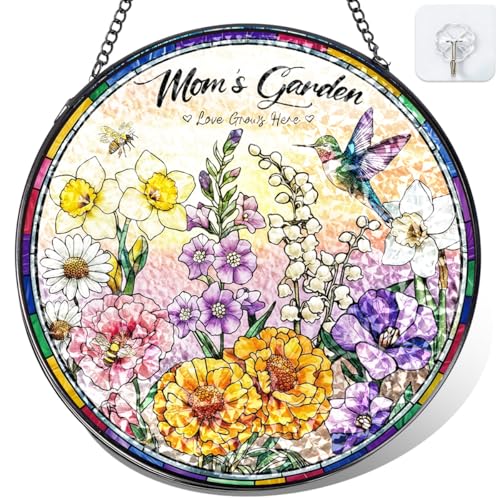 Riletese Birthday Gifts for Mom - 8 inch Moms Garden Inspired Stained Glass Suncatcher Floral Window Hanging Ornament Mothers Day Decorations Gift for Mom Grandma Mom Birthday Gifts