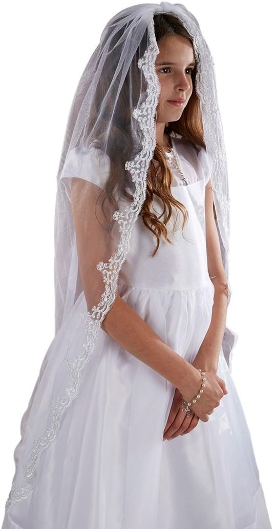 Girls Tulle Lace Edge Mantilla First Communion Veil, White, 45 Inch