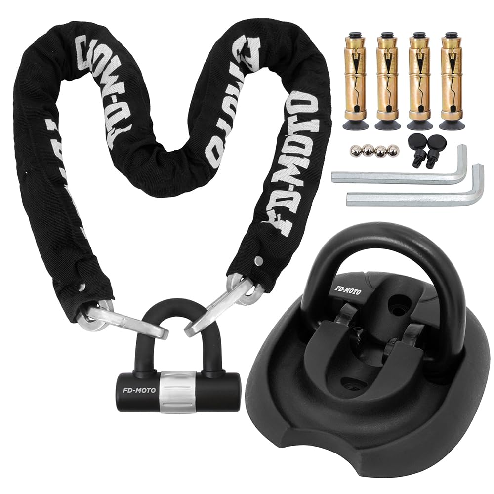 FD-MOTO 1,2Mx10mm Cerradura de Cadena de Moto de Acero + Ancla de tierra Scooter Bicicleta Motocicleta Cerradura