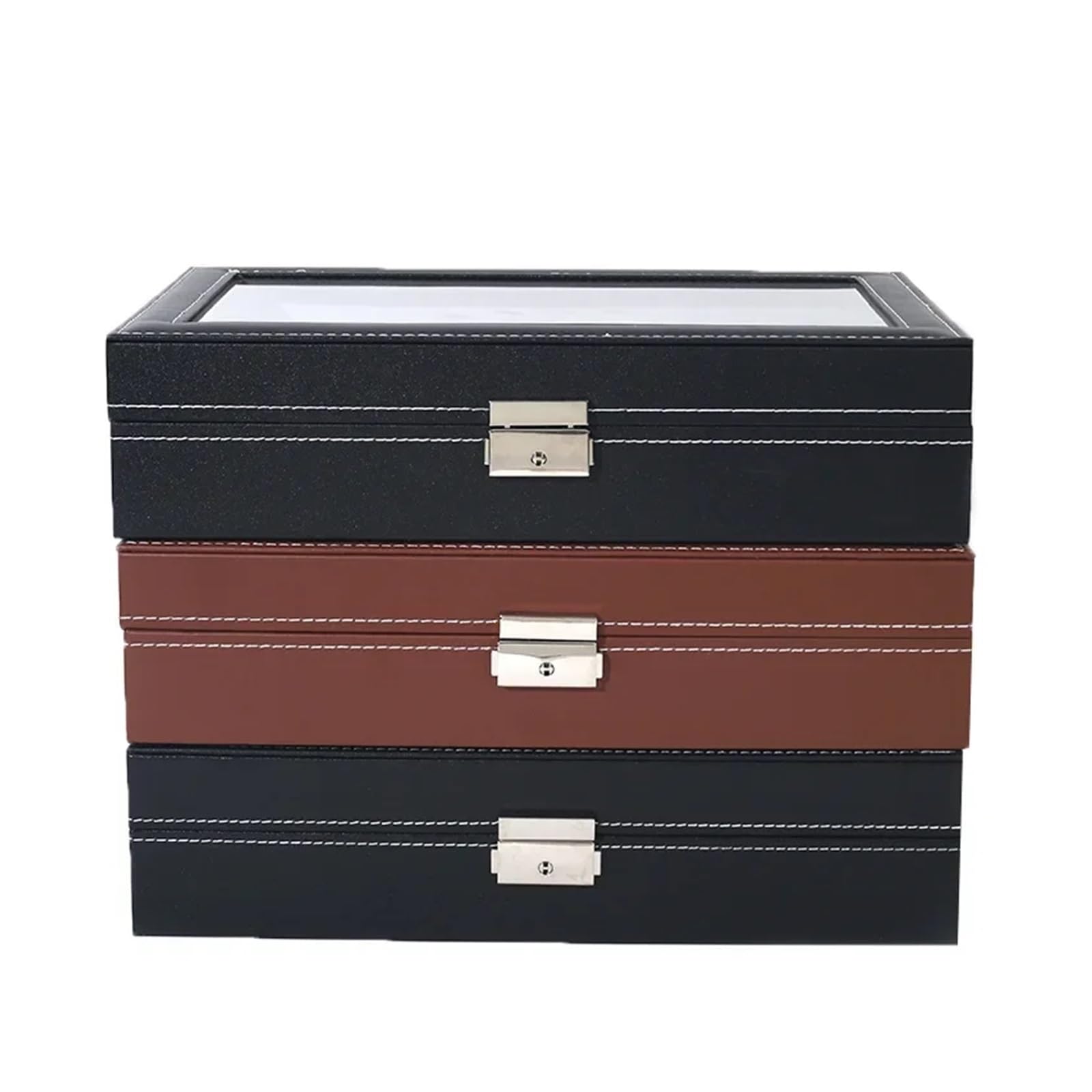 Staubdichte Uhrenbox aus Pu-Leder mit 6 Positionen, 3 Sonnenbrillen-Vitrine, Aufbewahrungstasche, Uhrenarmbänder-Aufbewahrungsbox zur Aufbewahrung von Uhren(Outer Black inner Rice)