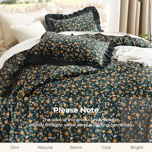 Image of Litanika Floral Ruffle Full Size Comforter Set, 3 Pieces Black Farmhouse Aesthetic Soft Lightweight Fluffy Bedding Comforter Sets for Girls Women, All Season (79x90In Comforter, 2 Pillowcases)