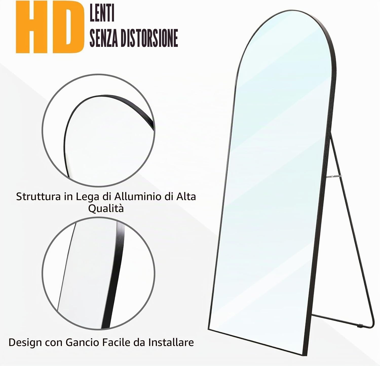 Specchio su piede bombato 162 cm, specchio pieno arco con cornice a specchio completo con supporto grande specchio da pavimento nero specchio da parete per bagno, camera da letto, ingresso (nero