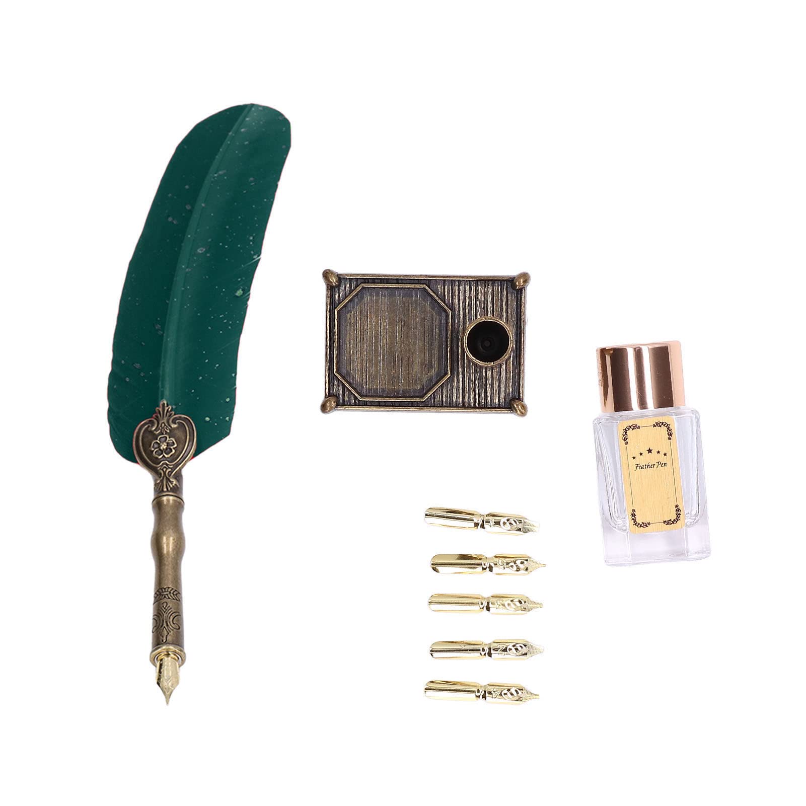 Muiltvoe Vintage Feather Quill Pen Set with Stainless Steel Nib and Ink Bottle for Calligraphy Writing Dip Pen Quill Feather Pen (Black)