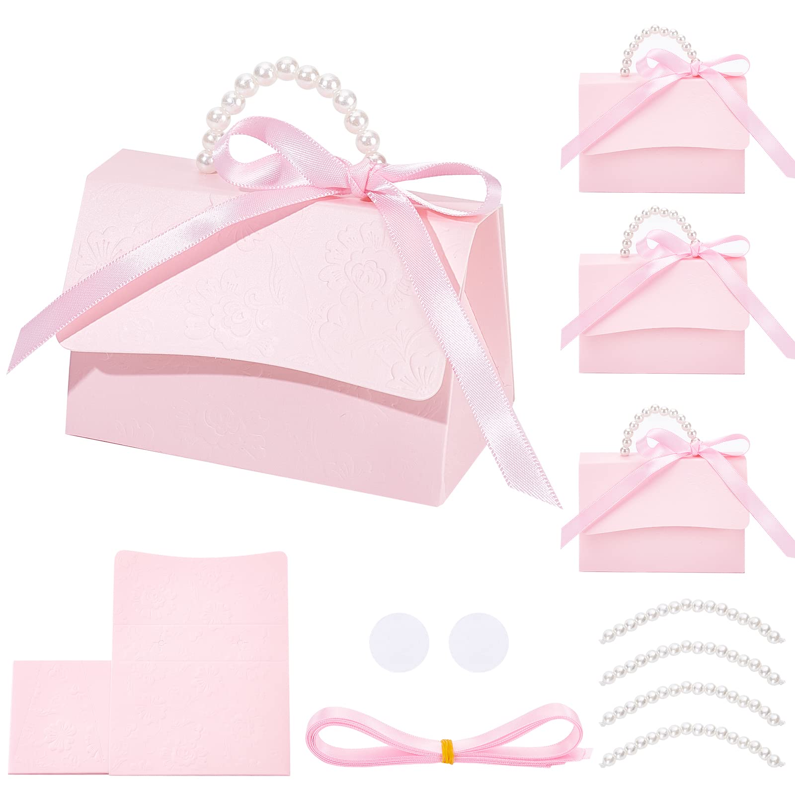 BENECREAT16Set Wedding Favors Box DIY Set, Pink Kraft Paper Box with Pearl Handle, Ribbons, Stickers, Gift Boxes for Birthday, Party Favor, Boutique, Wedding and Anniversary