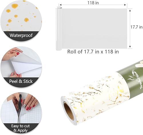 Miniatura 8 de YENHOME Lavish - Papel tapiz de mármol extraíble, para despegar y pegar, color oro blanco, autoadhesivo, para paredes de dormitorio, baño, vinilo