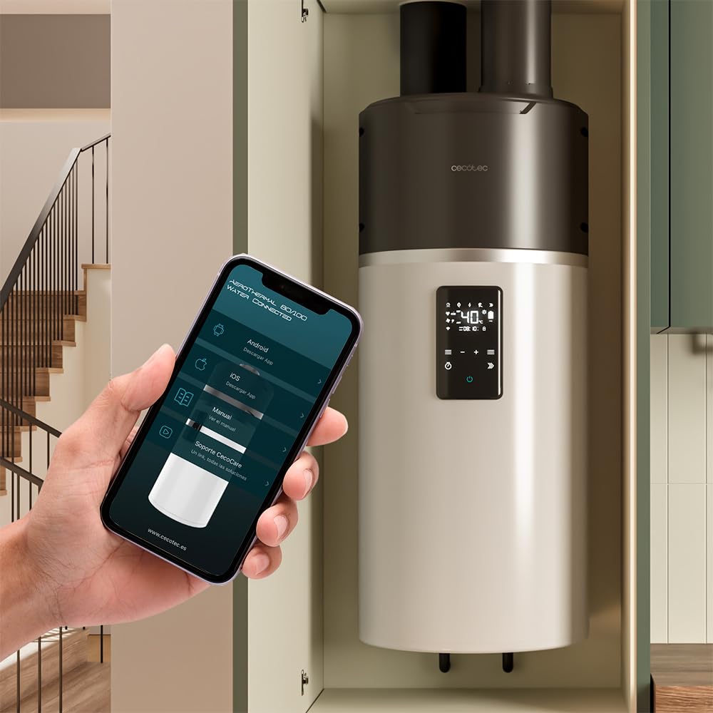 Cecotec Scaldabagno Elettrico 80L Verticale con Display Touch AeroThermal 80L. Energia Sostenibile, Basso Consumo, Touch Screen, Controllo APP, R290, Temp. Fino a 75ºC