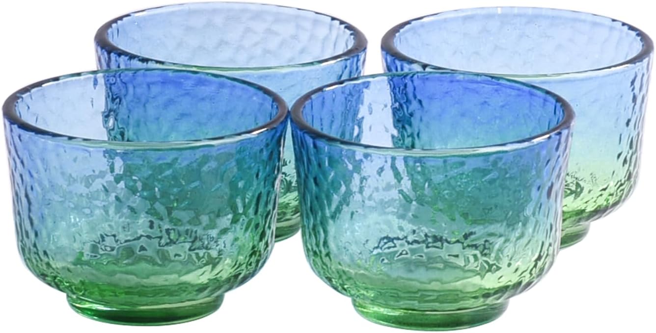 Glass Sake Cup Set of 6, 2.2'' Blue Green Hammered Texture Small Glass Cups