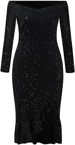 Miniatura 2 de Oplxuo Vestidos cortos de fiesta con lentejuelas y hombros descubiertos para mujer con mangas con purpurina y dobladillo con volantes abertura en el