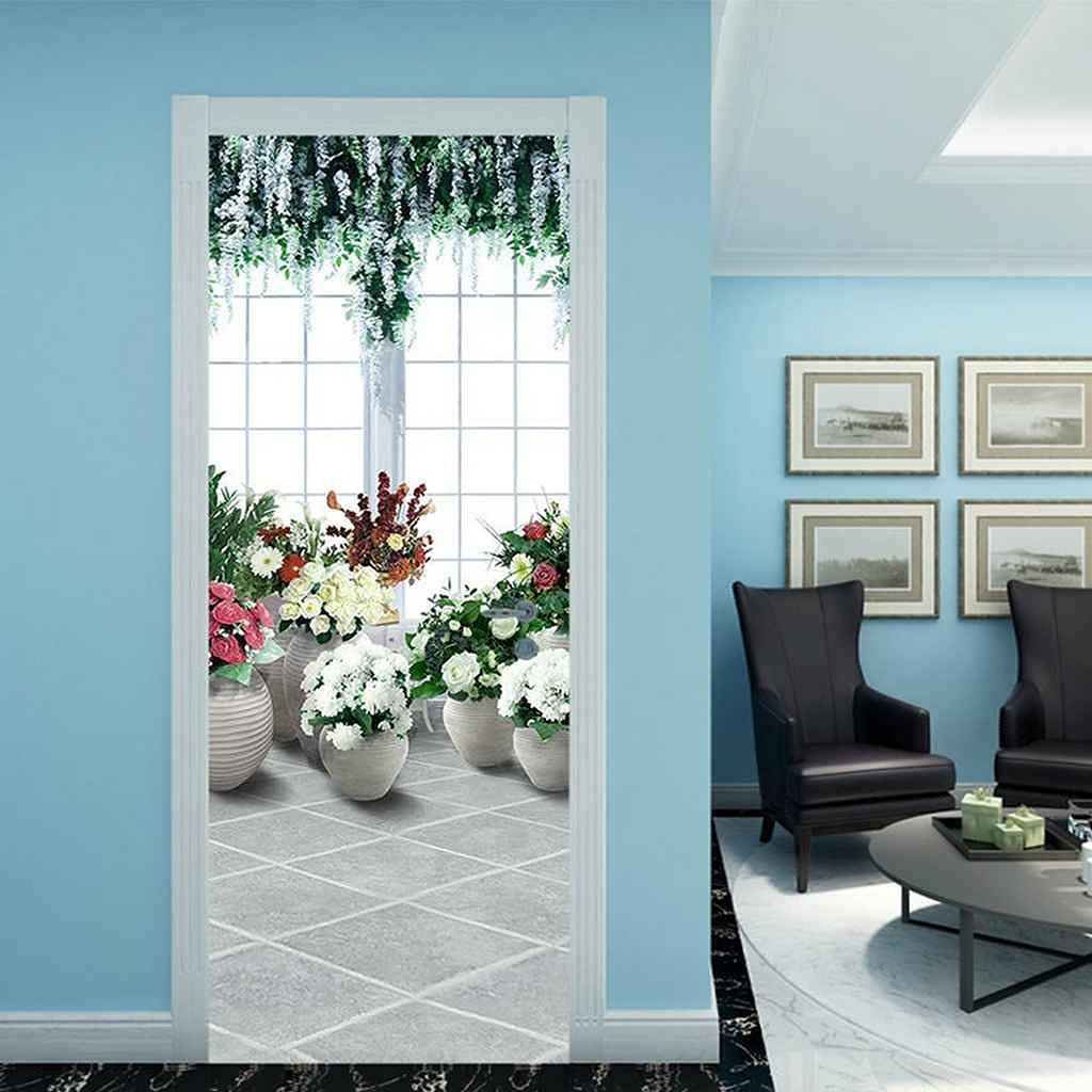 CBWRAW Adesivi per Porte 3D Fiori Adesivi Murali Effetto Trompe L'Oeil Carta da Parati Impermeabile in PVC per Camera da Letto Bagno Decorazione Porta della Cucina 90x200cm