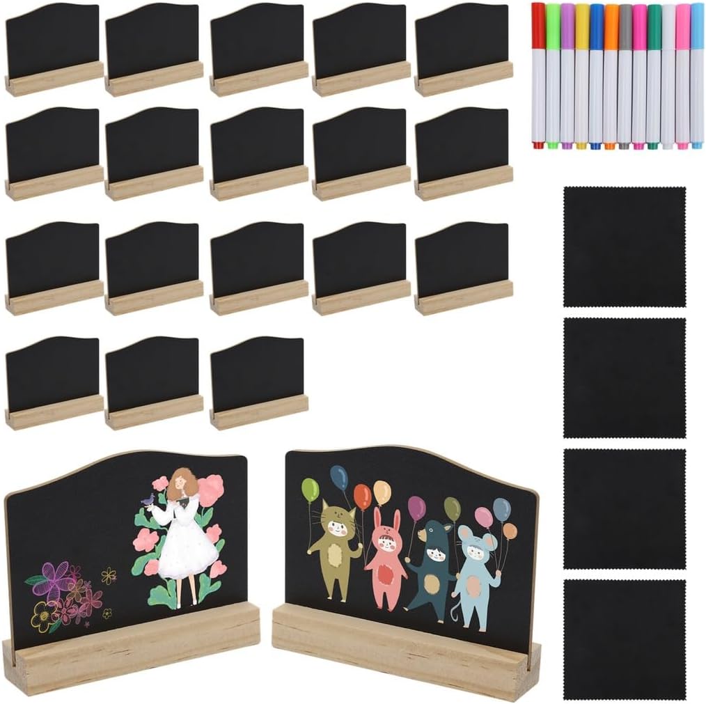 Double Sided, 20 Pcs Mini Wooden Chalkboard Signs with Base, Tabletop Chalkboard Signs with Water Color Pens and Wipe Cloths for Wedding Buffet