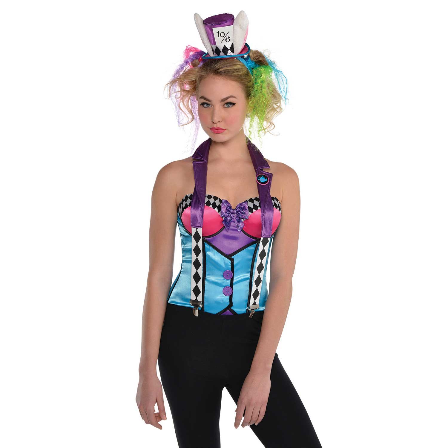 Yummy Bee - Fancy Dress Mad Hatter Costume Braces - Alice in Wonderland Fairytale Suspenders Women Black White Harlequin