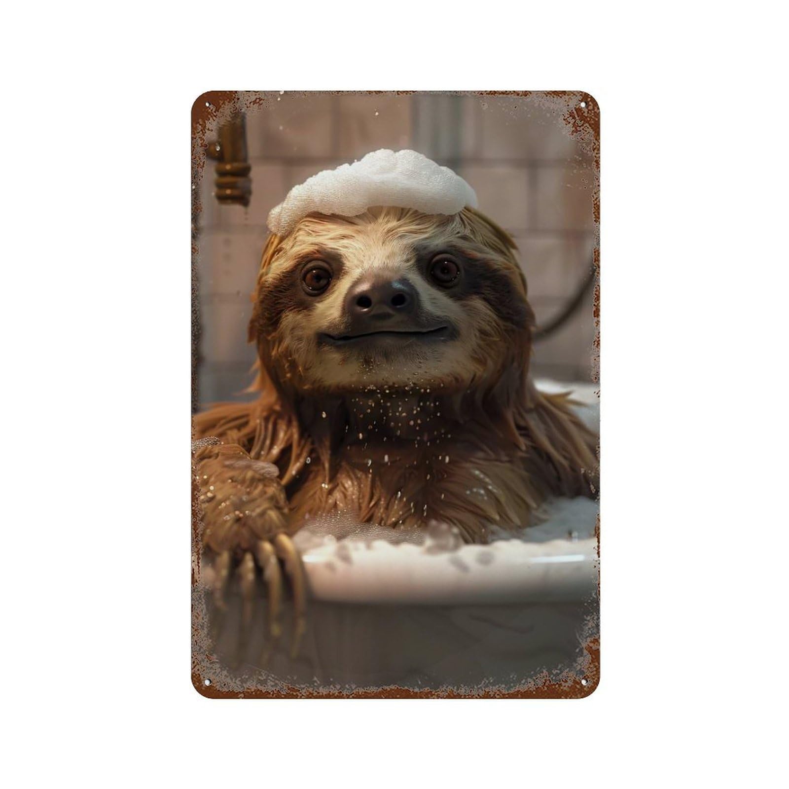 Sloth in Bathtub with Bubbles 11.8"x7.9" Vintage Rust Metal Sign, Decorative Metal Wall Art for Bistro, Counter And Cafe Decor