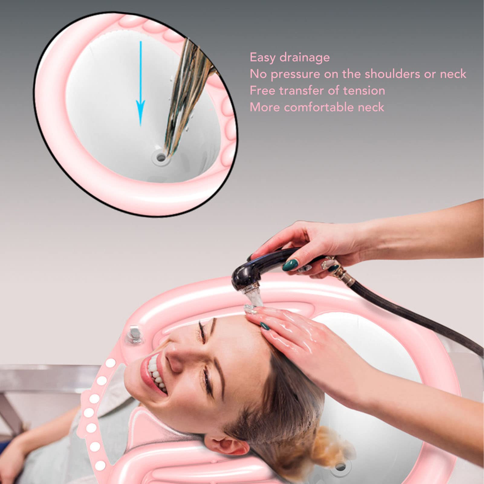 Lavabo para champú, cuenco inflable para champú, fregadero plegable para lavar el cabello con manguera de drenaje desmontable para colocar en cama