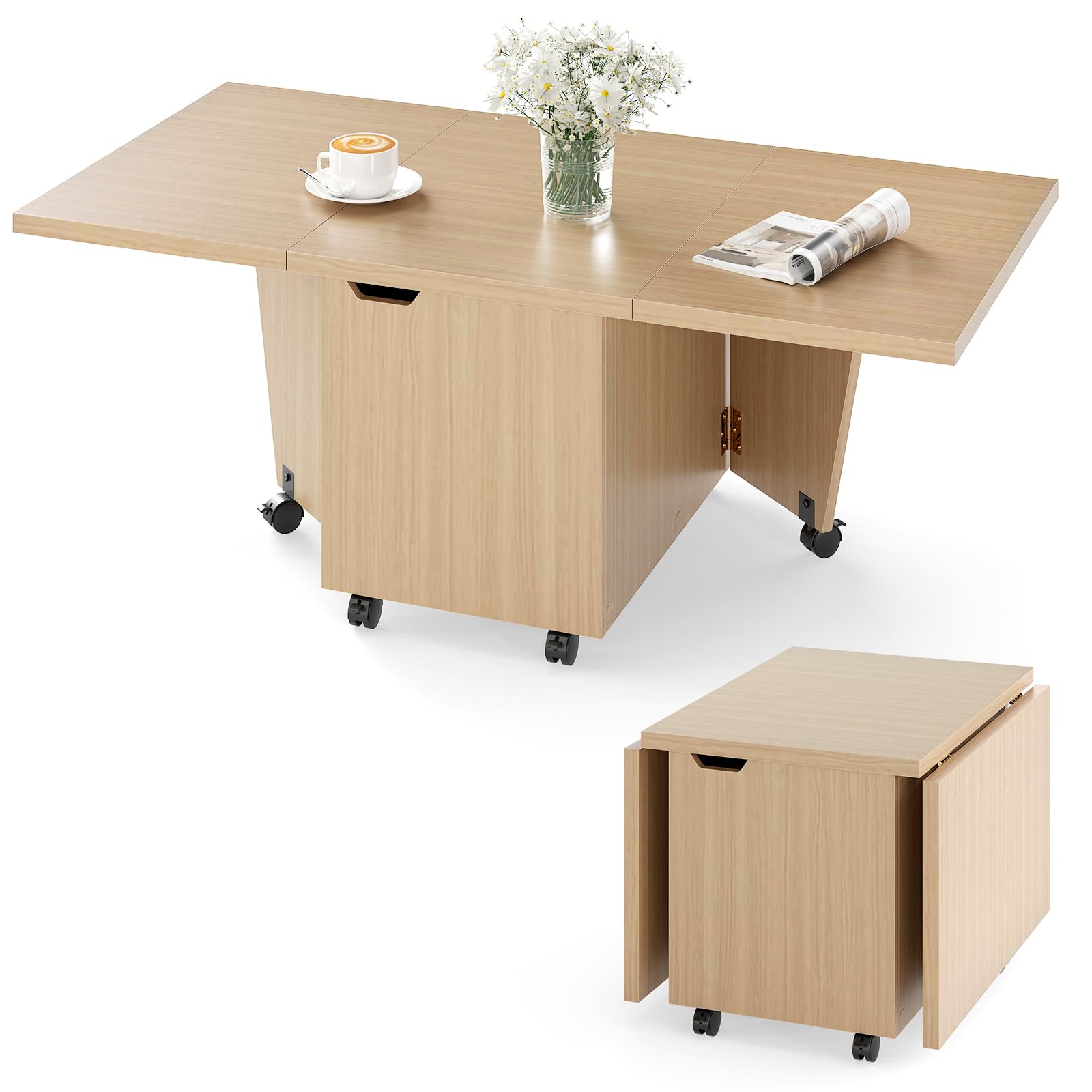 COSTWAY Folding Coffee Table, Drop Leaf Extendable Center Table with Storage Door Cabinet and Wheels, 120cm Rectangular Rolling Accent Sofa Side Tea Tables for Living Room, Small Spaces (Oak)