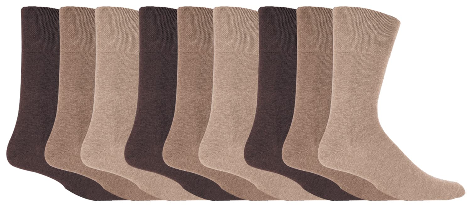SOCKSHOP Gentle Grip 9 Pairs Mens Diabetic Cotton Socks - Brown - Size 6-11 UK