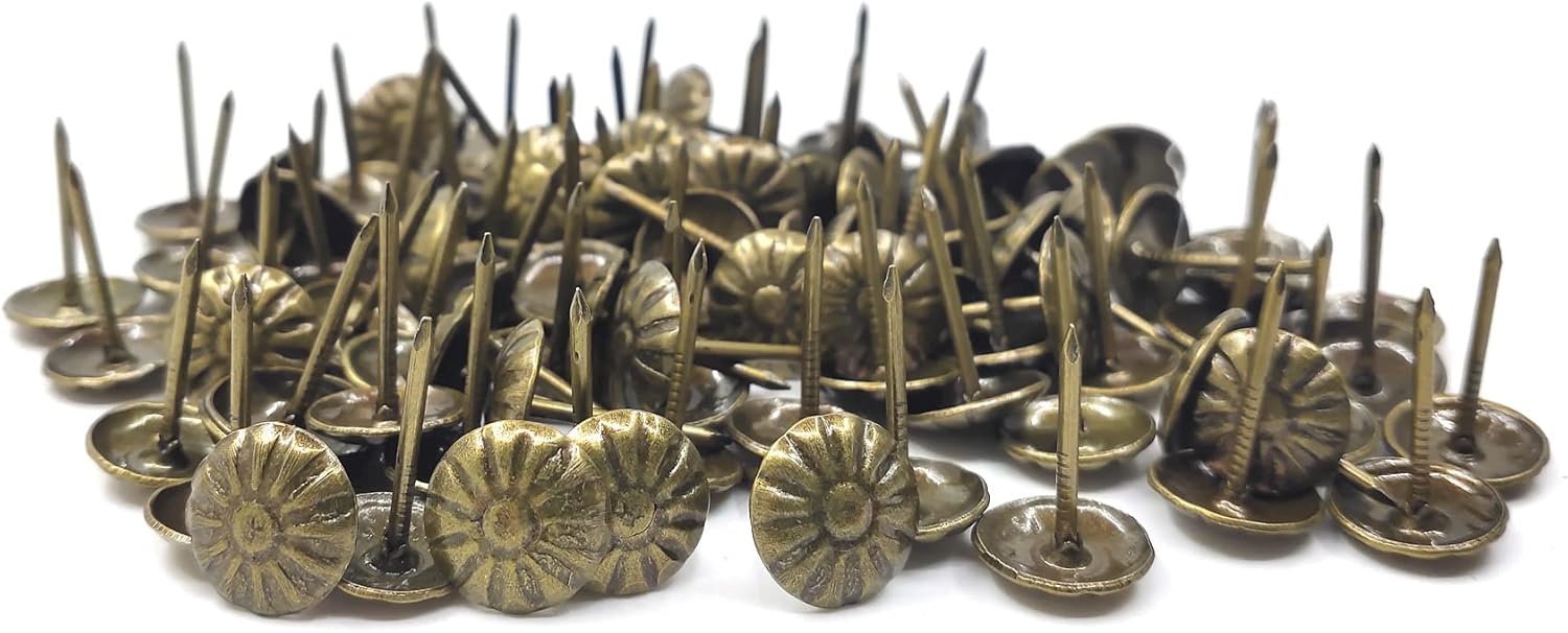 ZAYI 7/16''x 5/8'' Antique Brass Upholstery Nails Tacks, Metal Chrysanthemum Nails, Upholstery Nail Tack Stud, Decorative Tack Pushpins Doornail for Wood Furniture Decor 100Pcs (7/16''×5/8'', Bronze)