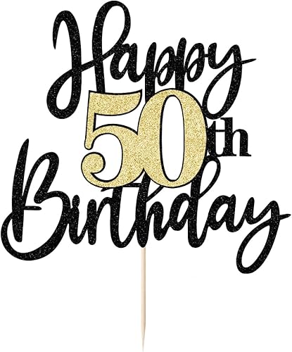 Miniatura 3 de Decoración para tartas de 50 cumpleaños con purpurina negra y dorada, decoración de pastel de cumpleaños de 50 años para cumpleaños de 50 años,