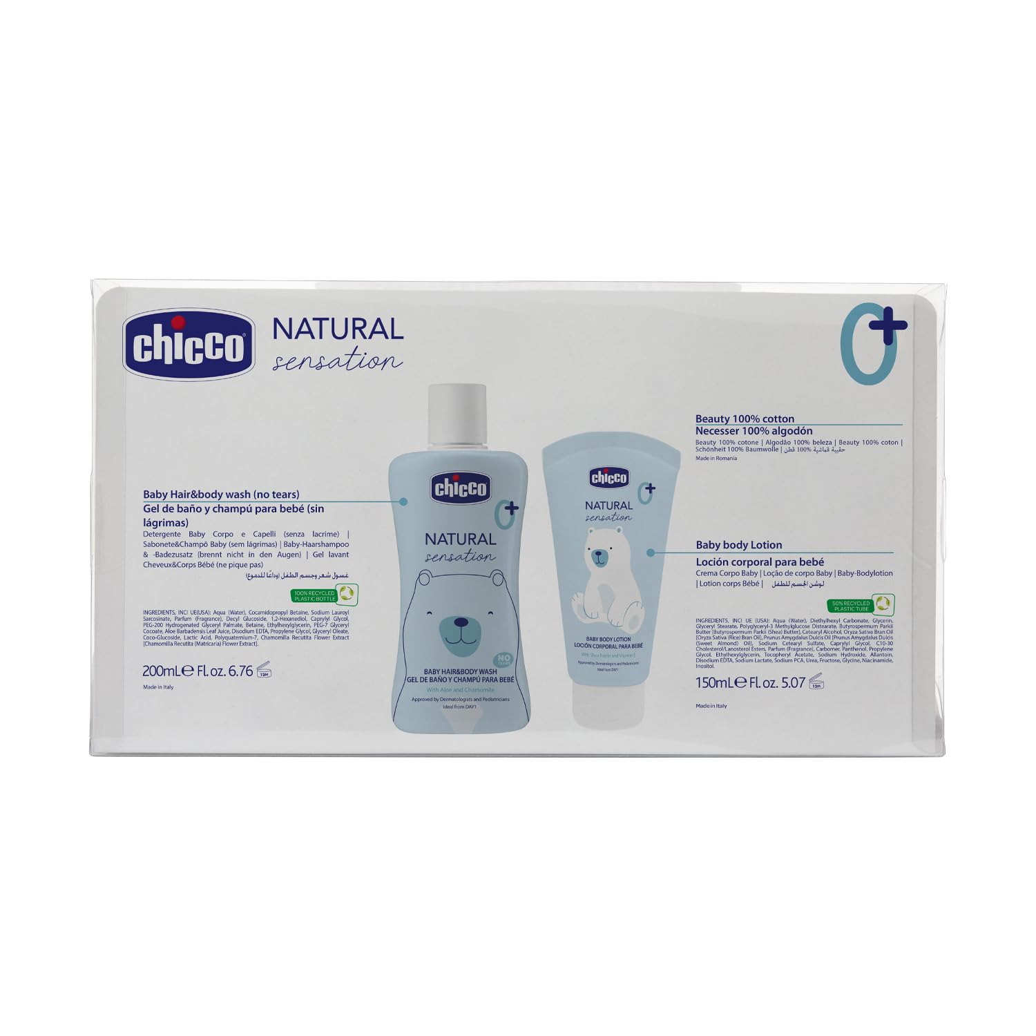 CHICCO Natural Sensation, Set per Cambio Pannolino e Bagnetto con Beauty Case in Cotone, Bagno Shampoo Senza Lacrime 200 ml, Crema Corpo 150 ml, Pasta Lenitiva 100 ml, Salviette Detergenti, Rosa