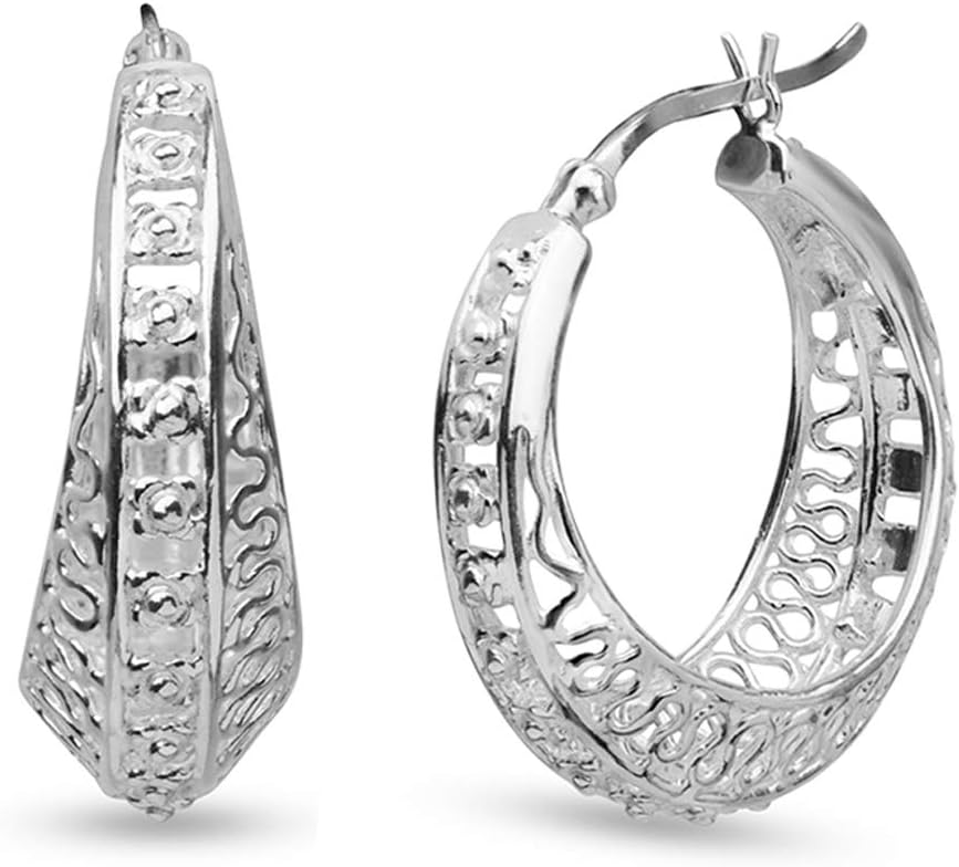 LeCalla 925 Sterling Silver Filigree Hoop Earrings | Hypoallergenic Lightweight Intricate Floral Filigree Earring Snap-Back Closure for Women