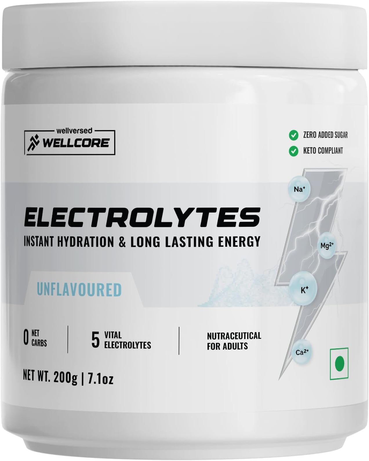 Wellcore - Unflavoured Electrolytes (200gm, 57 Servings) | Drink With 5 Vital Electrolytes: Na, Mg, Ca, K, PO4 | Sugar Free Electrolyte Powder | Fat Fuel Powered Keto Electrolyte Powder