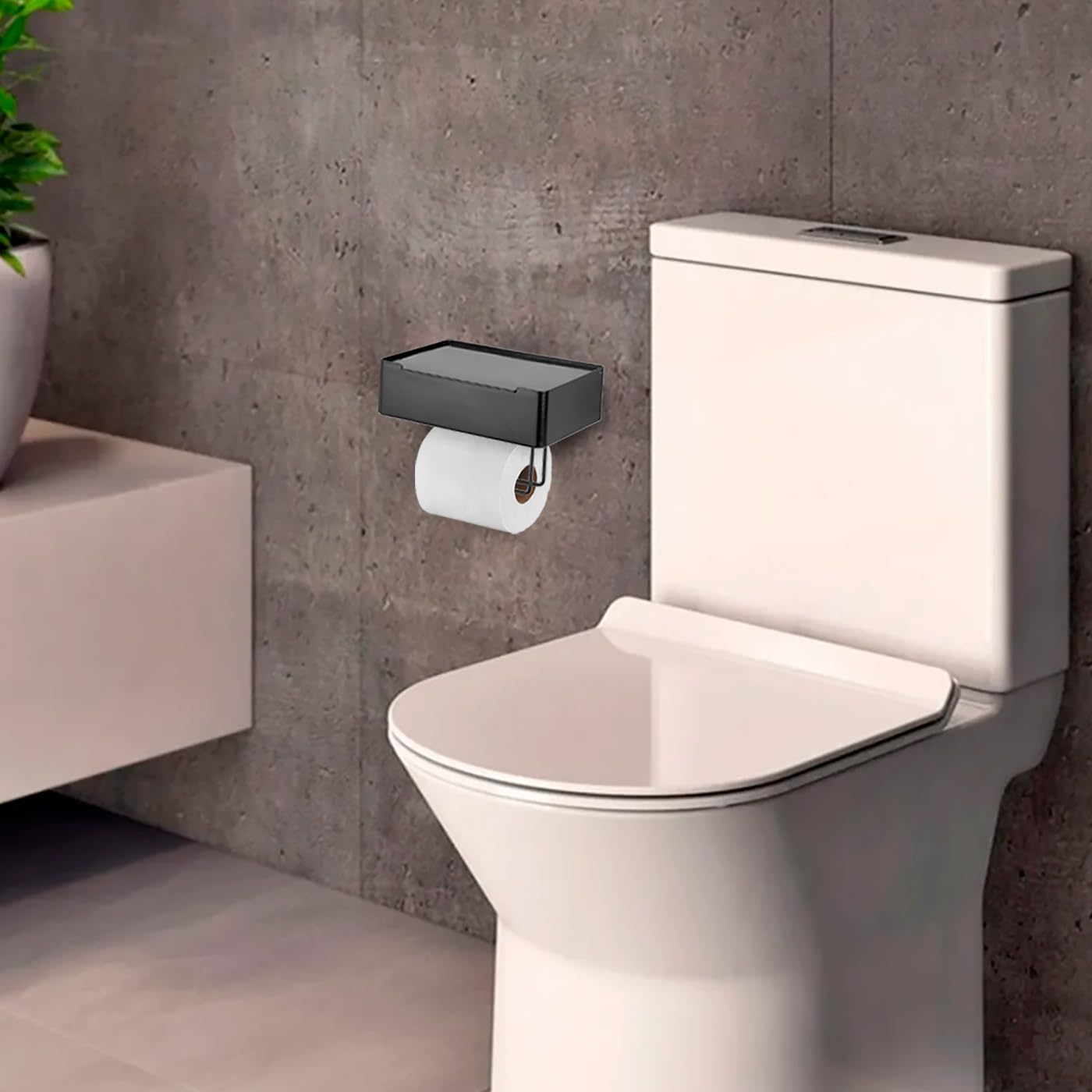 Porta Lenços e Papel Higiênico Arthi | Design Moderno Funcional | Versatilidade Praticidade | Gancho Integrado | Fita 3M Instalação | Organização de Banheiro | Suporte para Celular | Acabamento Preto