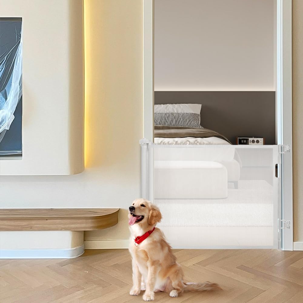 Barrière d'escalier rétractable pour bébé et Animaux- Rétractable Barriere de Securite Chien 0-150 cm de Large Barrière de Sécurité, Barriere Escalier Enroulable-86 * 150 cm-Blanc