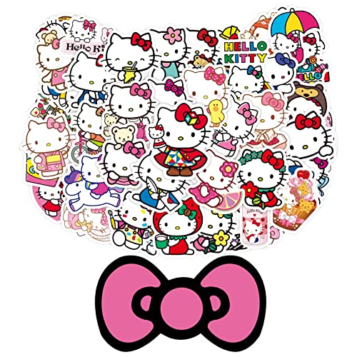 Ctue Kawaii Stickers Pack 50PCS,Hello Kitty White Theme Waterproof Sticker for Water Bottles Laptop Waterproof Vinyl Decals Japanese Anime Stickers for Kids Teens Adults