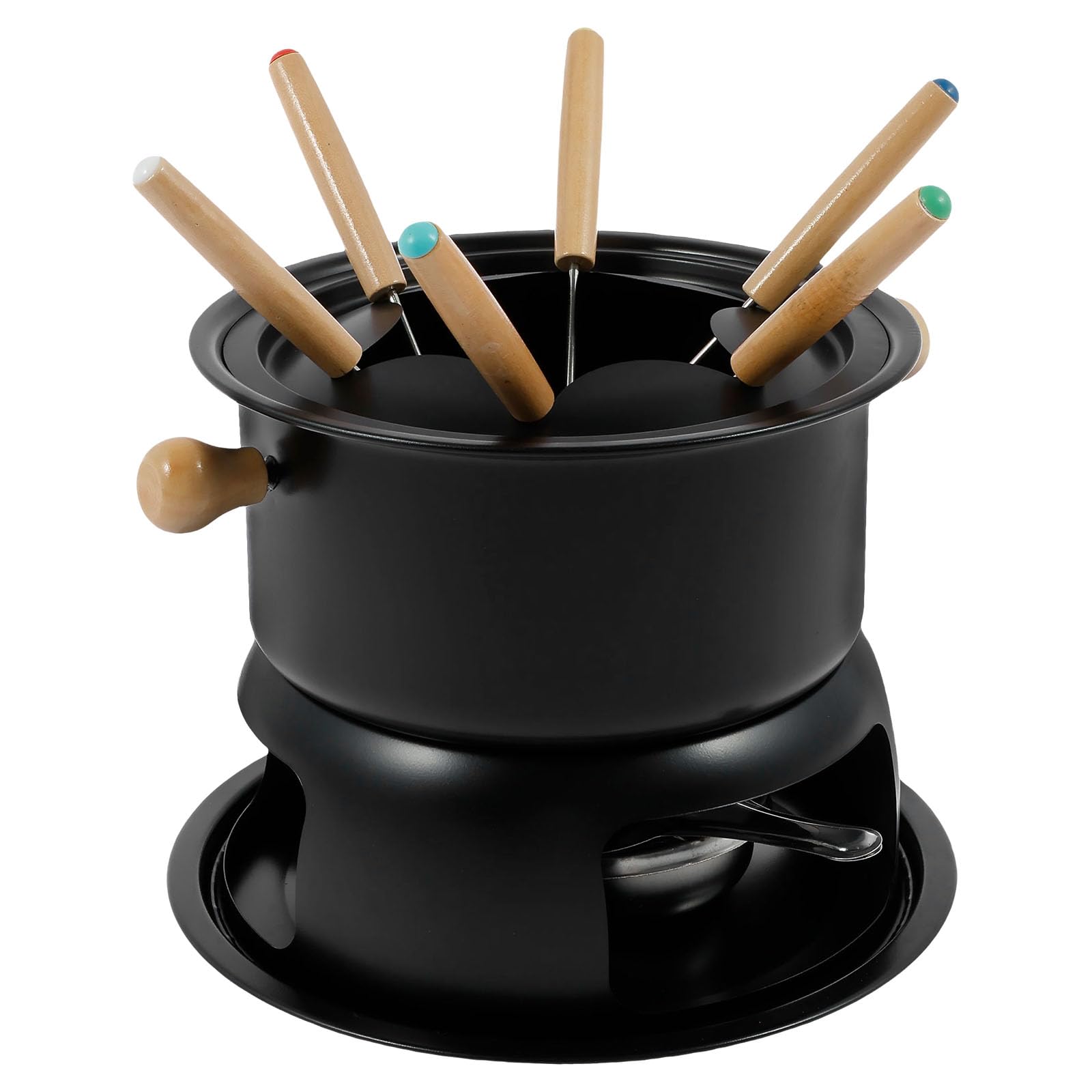 Fondue Set, Black Carbon Steel Fondue Pot for Cheese, Chocolate & Meat, Includes 6 Forks & Adjustable Burner & Splash Protector, Suitable for All Hobs, Food Warmer