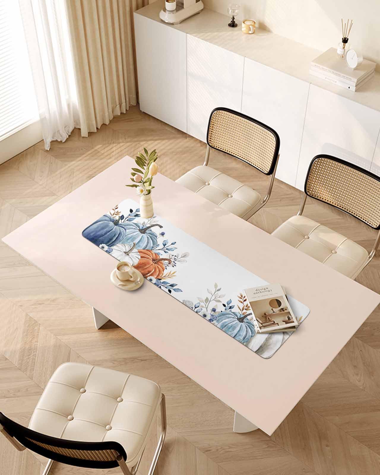 Debedcor Heat Proof Table Pads Waterproof Decorative, Blue White Pumpkins Non-Slip Table Countertop Protector, Thanksgiving Eucalyptus Leaves Insulation Mat for Dining Room, 48 x 12 Inches