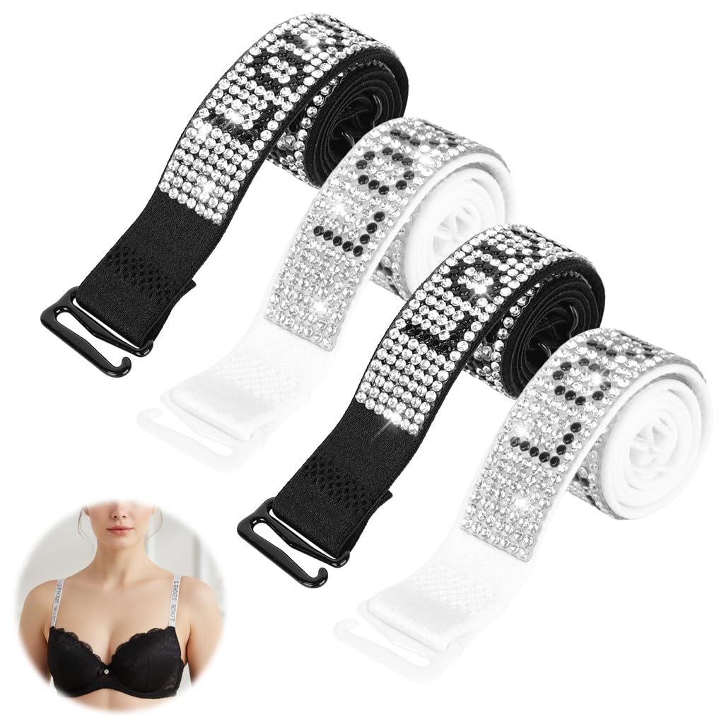 2 Pairs Stretchy Bra Straps 14.9'' Chic Letter Sparkingly Rhinestone Paved Bra Straps,1.8cm Width Elastic Nylon Bra Strap for Evening Dress, Off-shoulders