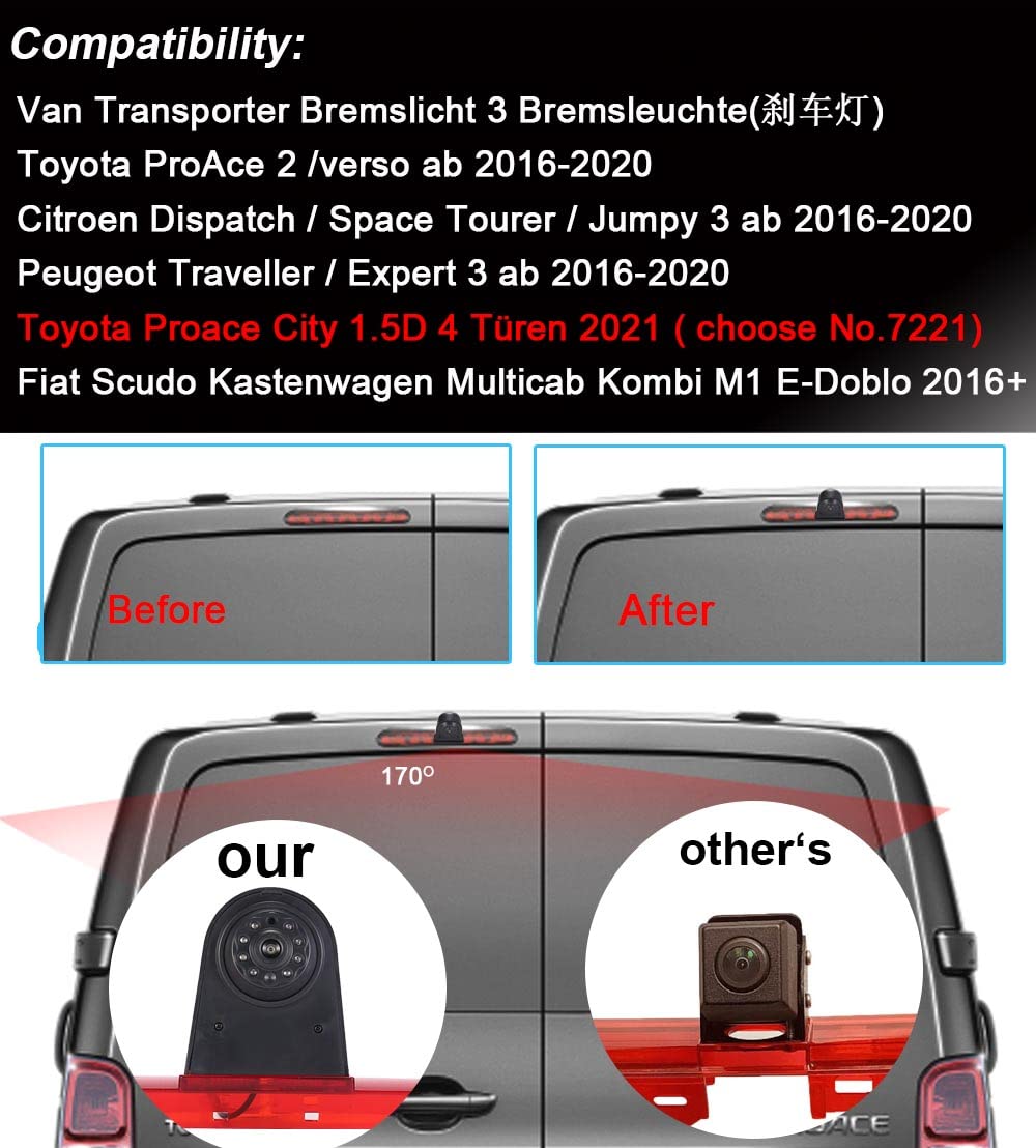 Voiture Troisième monté sur Le Toit Haut caméra lumière de Frein Vue arrière Voiture de Vision Camera de Recul pour Citroen Dispatch Toyota Proace Peugeot Expert Traveller Van 3 Transporter