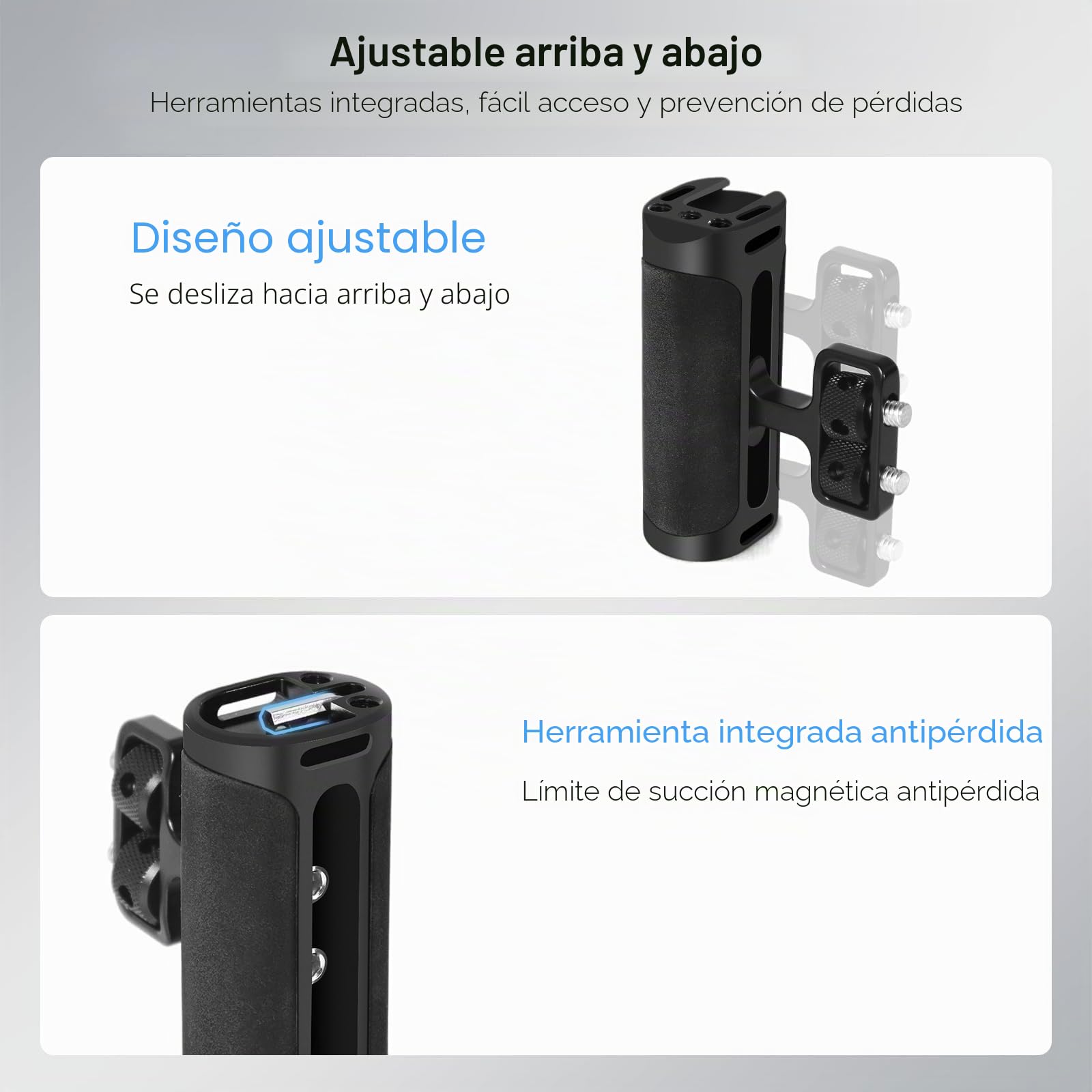 Empuñadura Ajustable hacia Arriba y hacia Abajo, Izquierda/Derecha, Mini empuñadura Lateral con Interfaz para Zapata fría y Montaje con Tornillo de 1/4"-20 para Jaula de cámara DSLR/Digital.