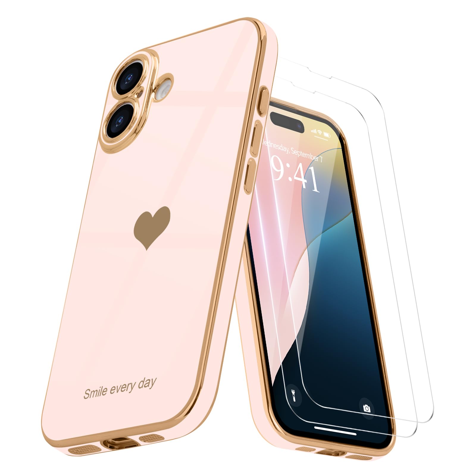 Teageo for iPhone 16 Plus Case with Screen Protector [2 Pack] Girl Women Cute Girly Love-Heart Luxury Gold Soft Cover Camera Protection Shockproof