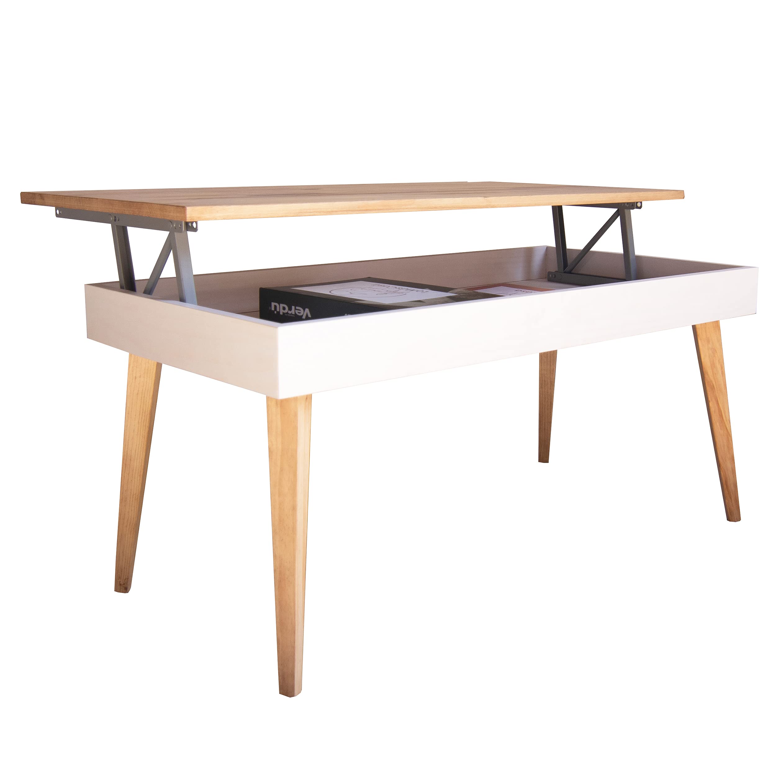 LoMasCasa - Mesa de Centro Elevable con Cajón Modelo Karol de Estilo Nórdico con Acabado Madera y Blanco Fabricada en Madera Natural Maciza de Pino con Medidas: 100 x 50 x 47 cm