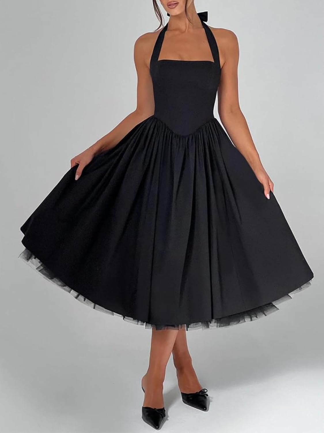 ISABUFEI Halter Satin Prom Dress - Elegant Tea Length Pleated A-Line Formal Evening Gown Wedding Guest Dresses