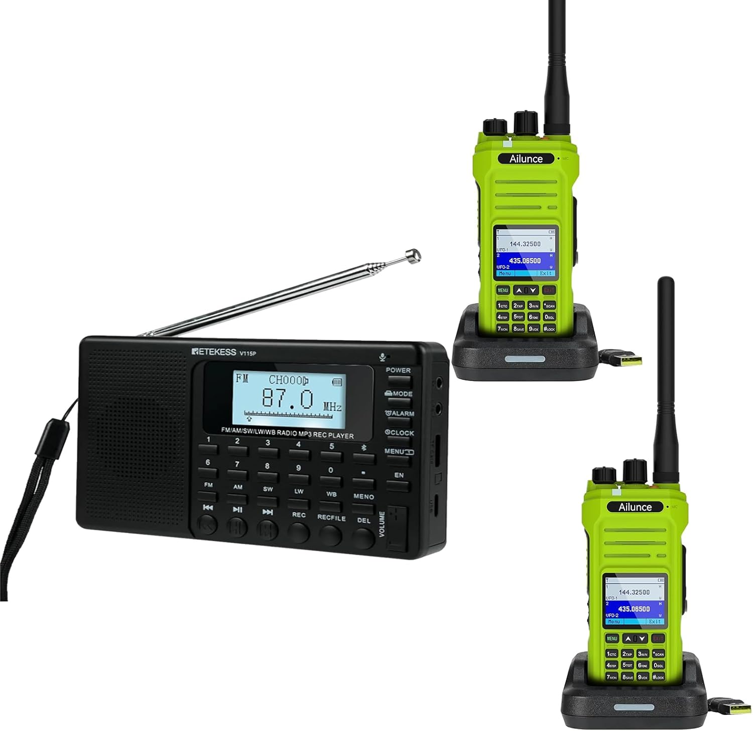 Retekess V115P Portable Rechargeable Shortwave Radio(1 Pack), Bundle with Retevis HA1G GMRS Radio(2 Pack), AM FM SW WB, Flashlight, NOAA, SOS Emergency Communications Kit for Family