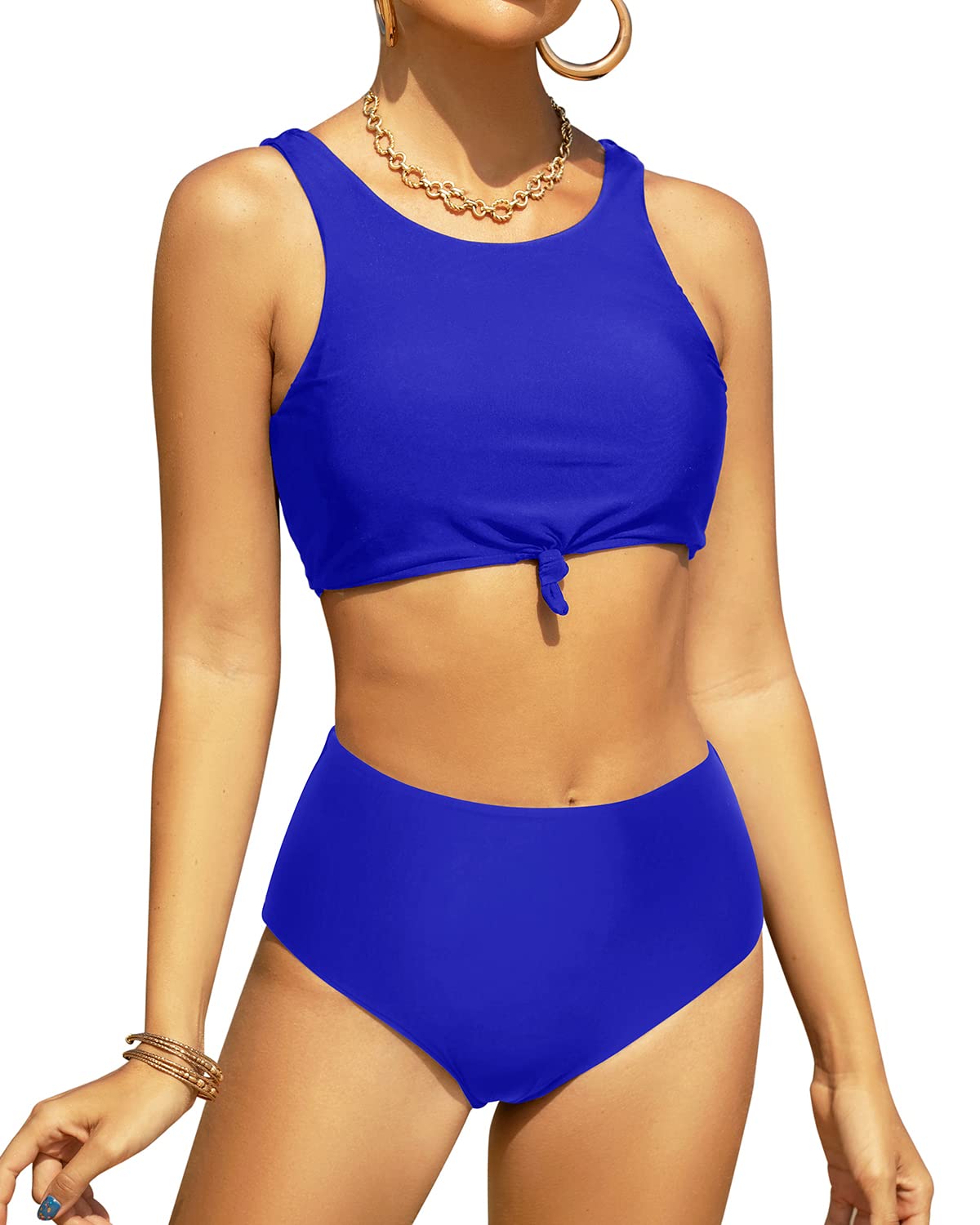 Tempt MeWomen High Waisted Two Piece Bikini Sets Sporty Swimsuits High Neck Tie Knot Bathing Suit with Bottom