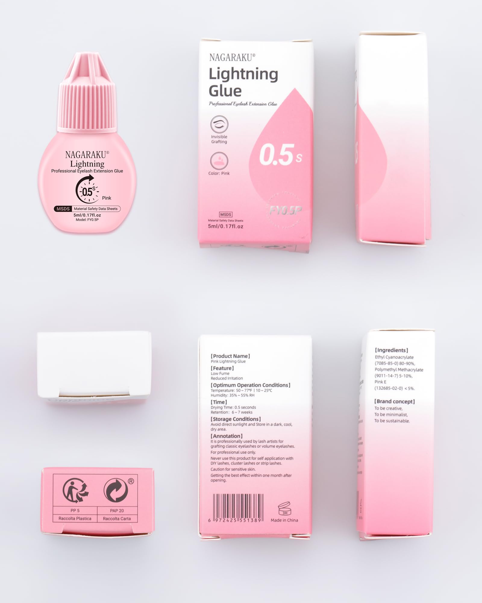 NAGARAKU Lightning Pink klej do rzęs 5 ml | 0,5 s bardzo szybkie schnięcie | utrzymuje się 6-7 tygodni | wysoka siła klejenia | trwałość 12 miesięcy | łatwy do usunięcia | nadaje się do jasnych lub