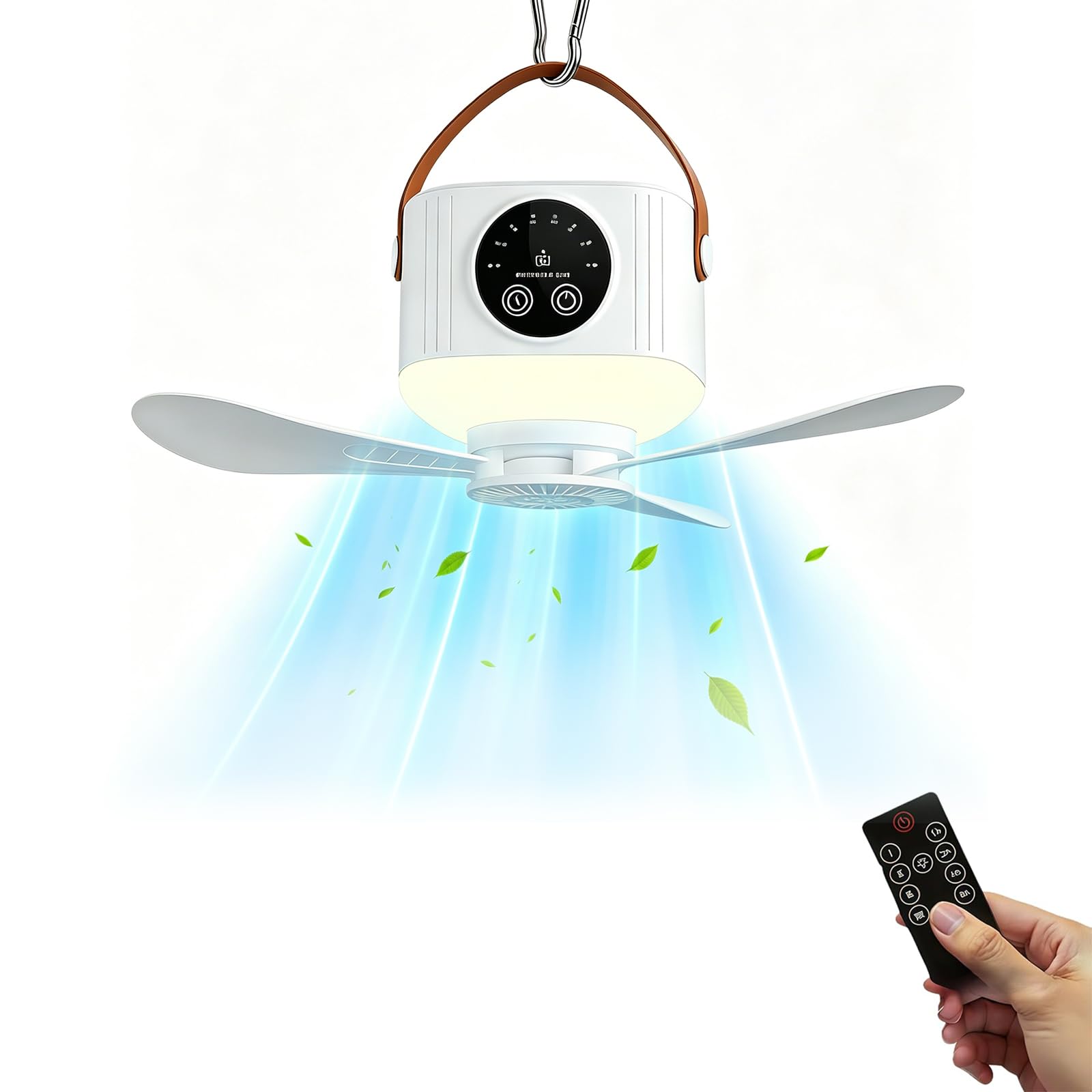 moyiw Portable Camping Fan with LED Light, 7200 mAh USB Ceiling Fan with LED Light Remote Control, Timer, 4 Speeds 3 Brightness, Rechargeable Ceiling Fan for Tent Car Picnics Travel