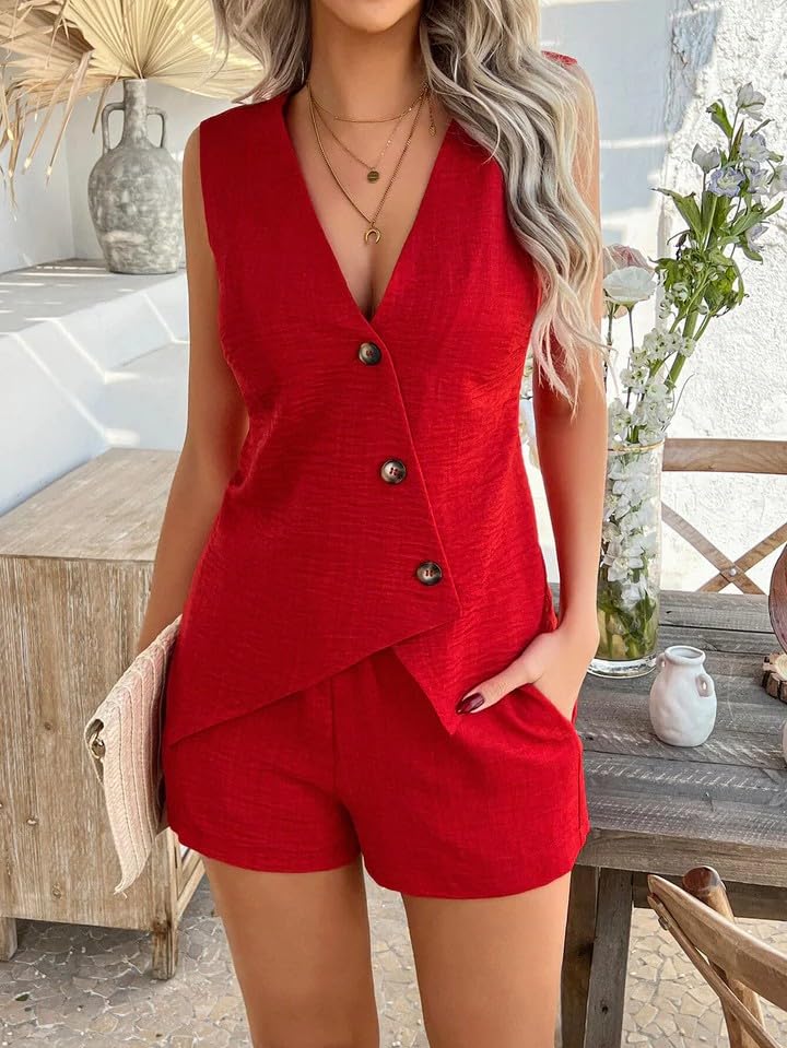 Conjunto de chaleco y pantalones cortos asimétricos con cuello en V para mujer, atuendo casual de verano de dos piezas — view 3