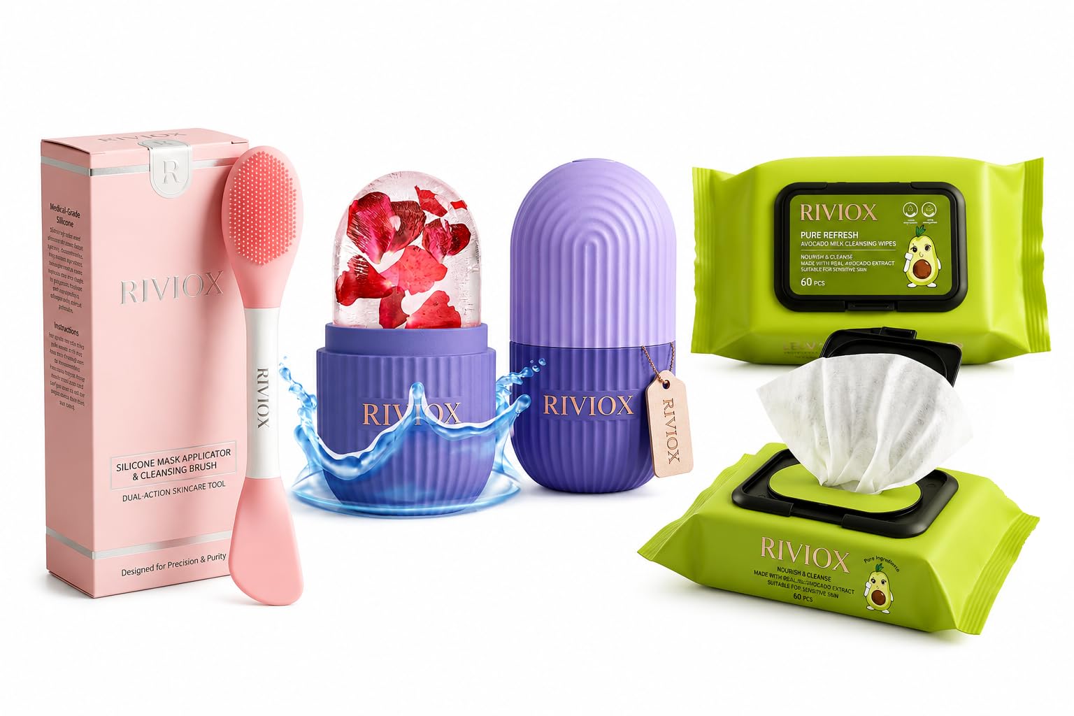 RIVIOX 3-in-1 Skincare Combo Kit | Silicone Face Mask Applicator & Cleansing Brush + Ice Globes for Face + Pure Refresh Cleansing Wipes | Deep Cleansing, Cooling & Glowing Skin Care Set for Women-image-39