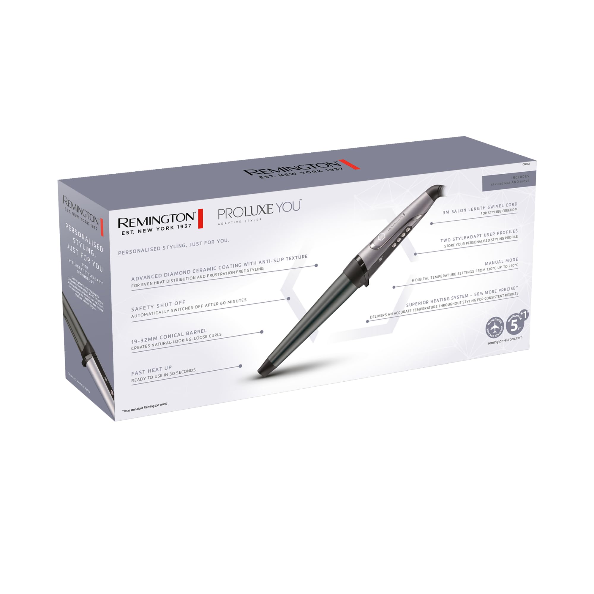 Remington Rizador cónico [19-32 mm, Intelligent StyleAdapt™ ajusta el calor al cabello] PROluxe You (cerámica y diamante, 9 ajustes de 130-210 °C, calentamiento rápido, rizos duraderos) CI98X8