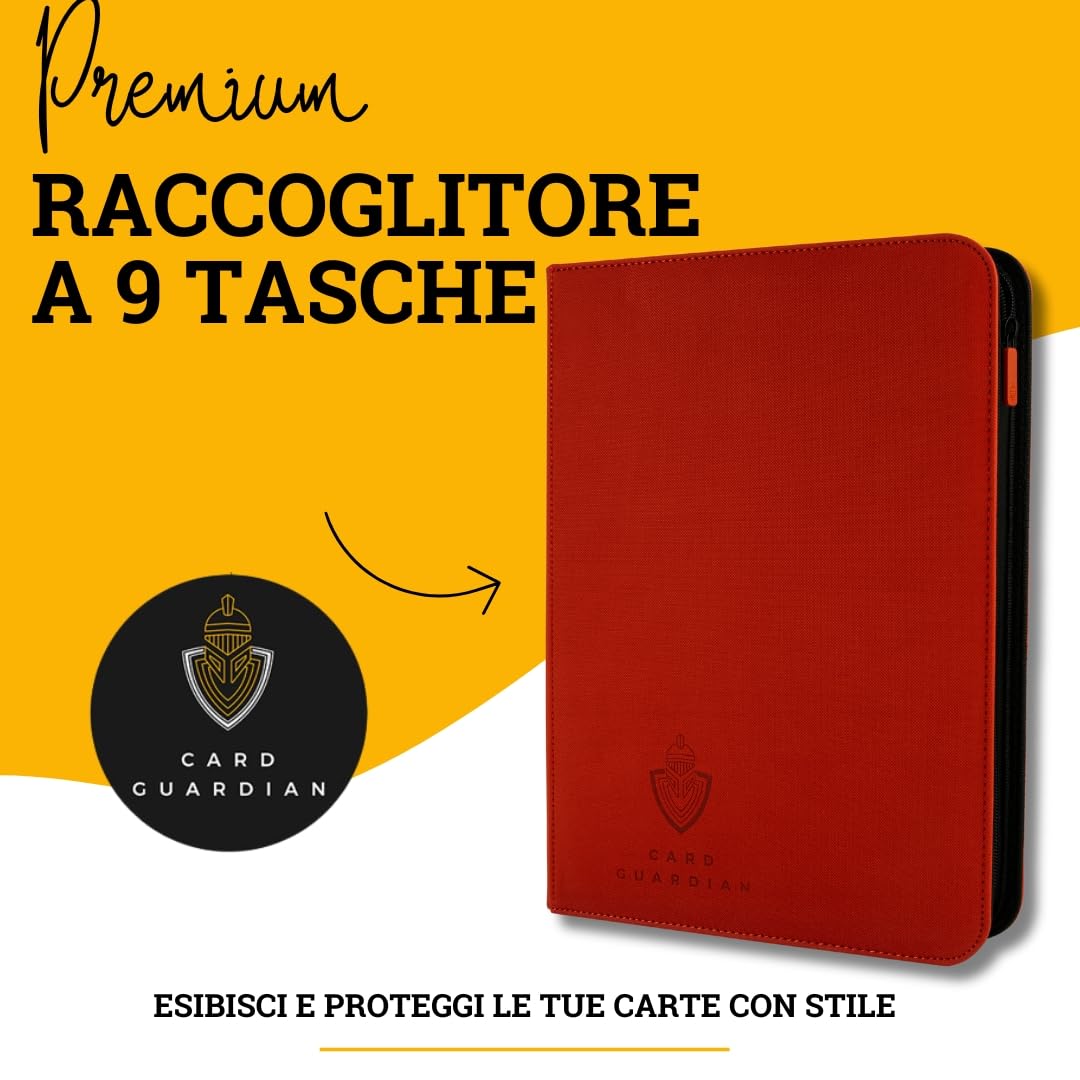 Card Guardian – Raccoglitore Carte Premium 9 Tasche con Cerniera | Album 360 Carte con Tasche a Caricamento Laterale – Binder Carte per TCG, MTG, One Piece, YuGiOh (Rosso)