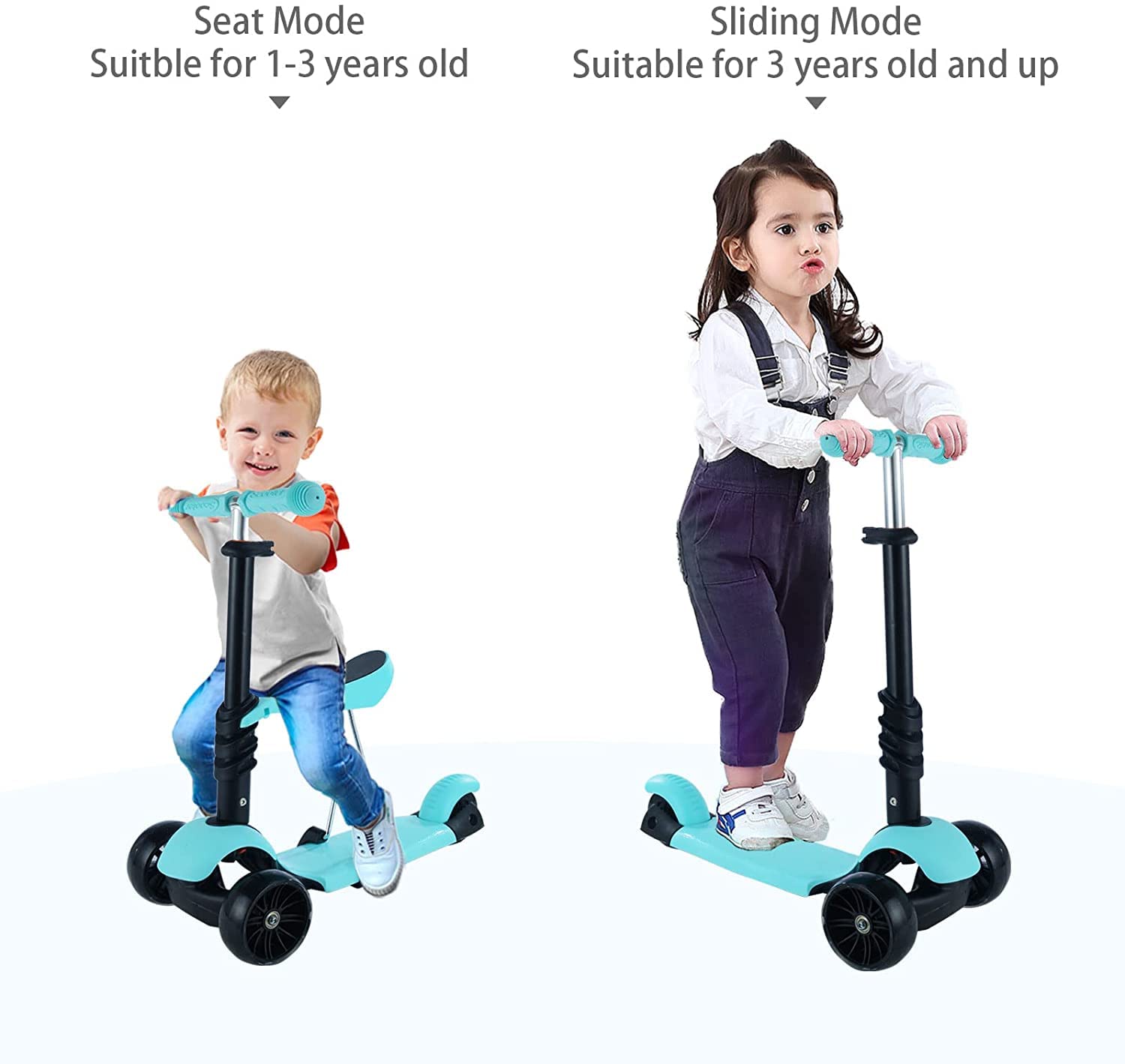 Kinder Roller|Tretroller Kinder mit Abnehmbarem Sitz | Höhenverstellbarer Kinderroller mit Leuchträdern Kinderscooter für Jungen und Mädchen